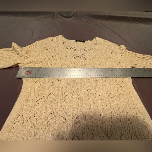 NIC+ZOE Cream V-Neck Open-weave Cable Knot Crochet 3/4 Sleeve Sweater Small - Picture 6 of 9